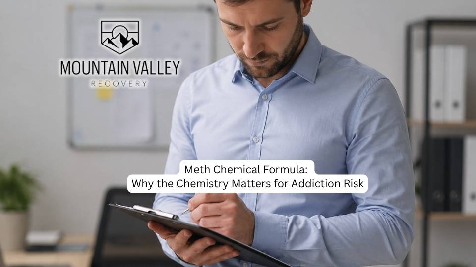 Meth chemical formula hero image of man studying the formula on a clipboard.