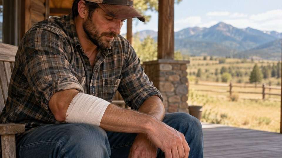 Man with a covered forearm resting while recovering from xylazine wounds.