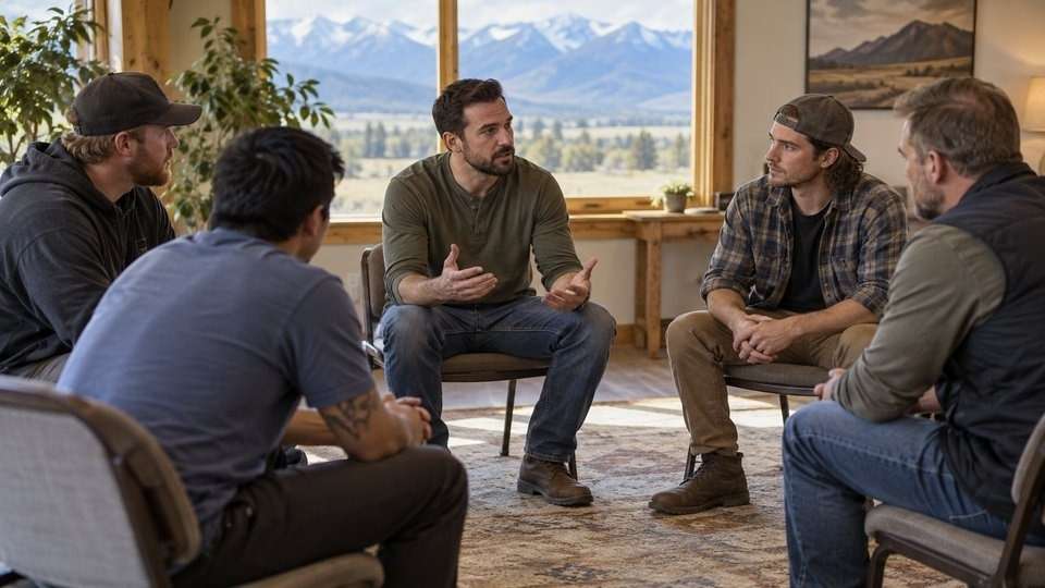 Men participating in group therapy as part of treatment for stimulant use disorders.