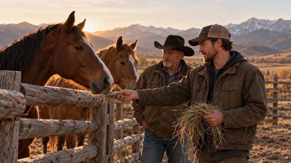 Two men doing ranch chores in long-term recovery after treatment for xylazine skin wounds.