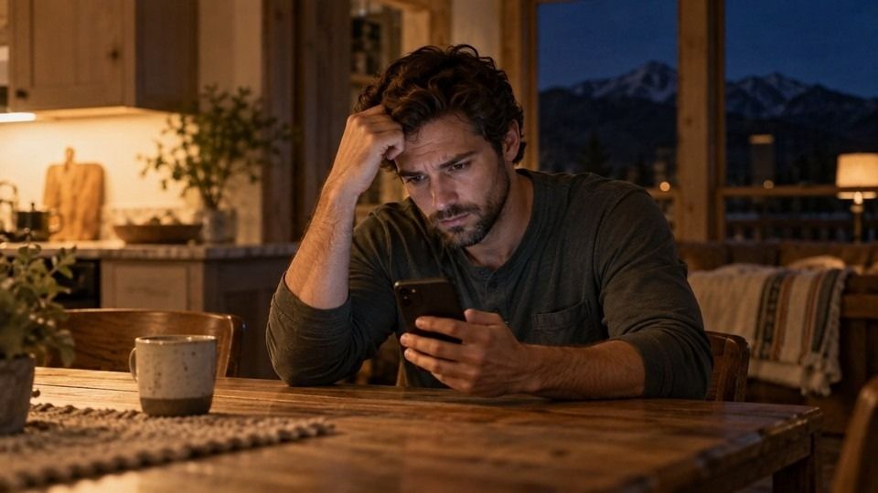 Man at a kitchen table late at night researching what K2 spice is on his phone.